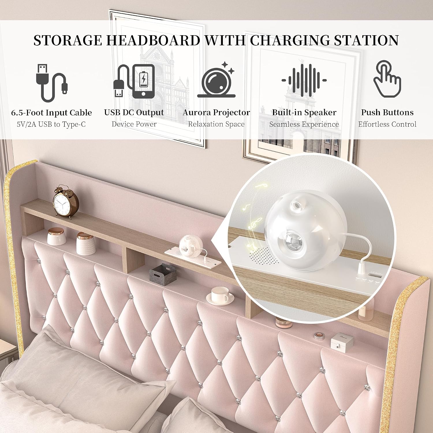 SIBEDS Full LED Bed Frame with Storage Drawers, Velvet Upholstered Platform Beds with Galaxy Star Projector Charging Station Speaker, Aurora Bedframe with 2-Tier Storage Headboard, Noise-Free, Pink
