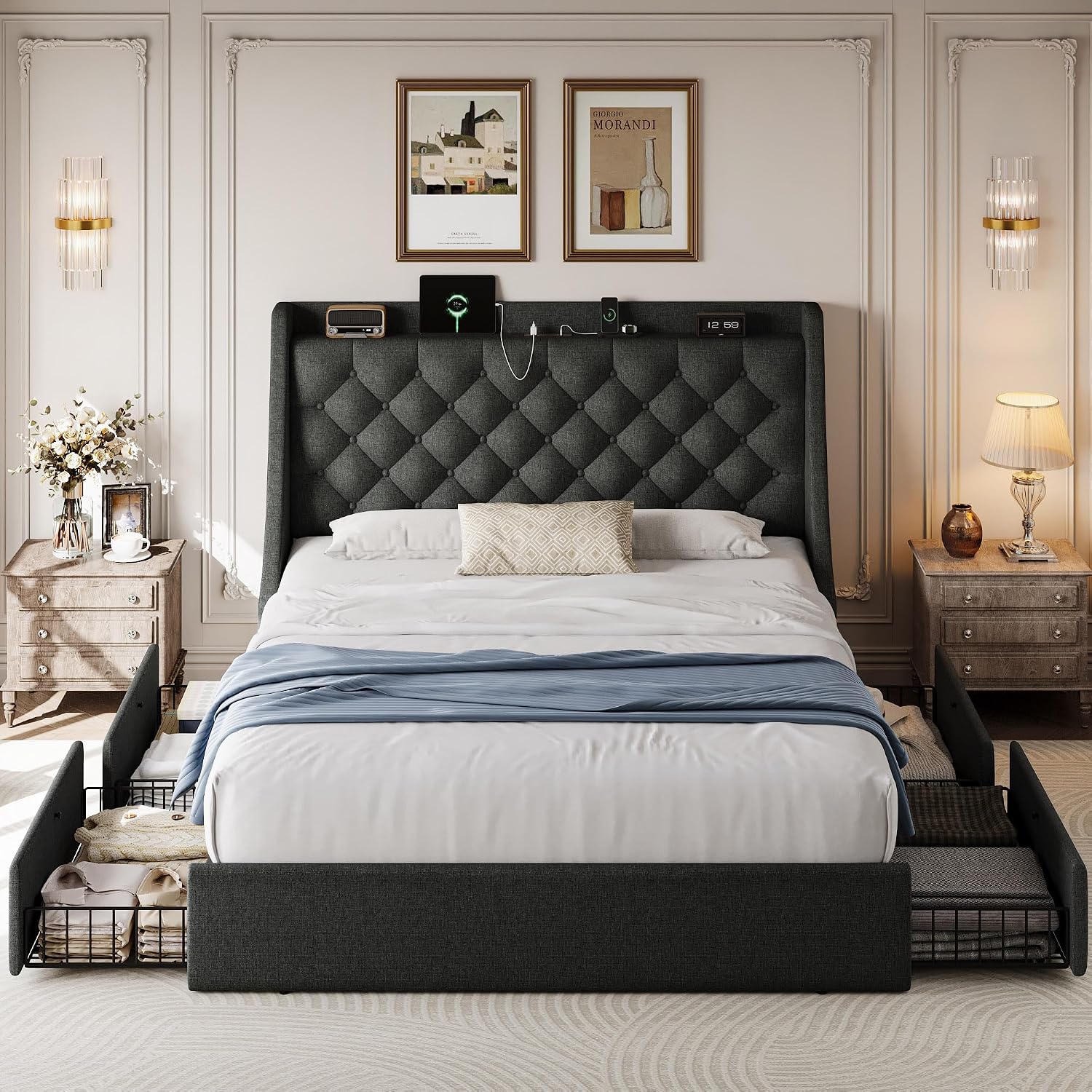 Queen Size Bed Frame with 4 Storage Drawers, Linen Upholstered Platform Bedframe w/Headboard, Button Tufted Wingback, Charging Station, Sturdy Wooden Slats, No Box Spring Needed, Dark Grey