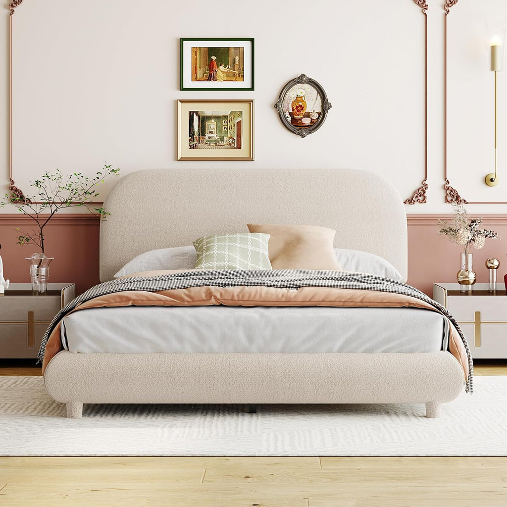 Merax Teddy Fleece Full Size Upholstered Platform Bed with Thick Fabric, Solid Frame and Stylish Curve-Shaped Design, Beige