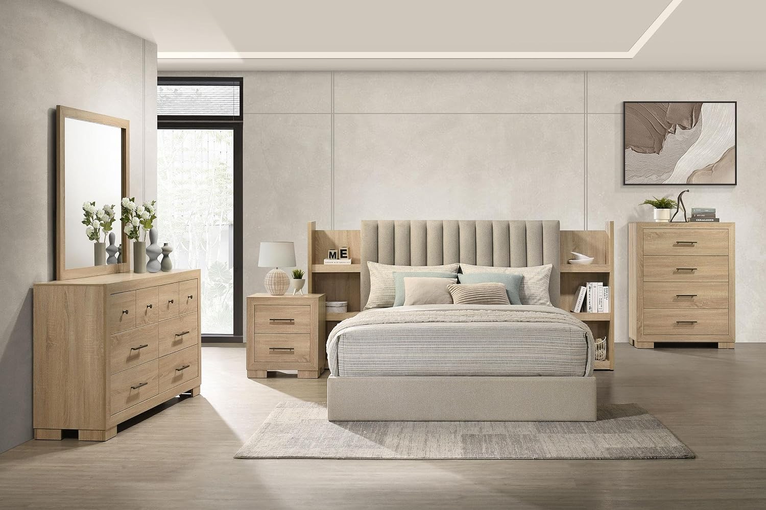 Coaster Home Furnishings - Arielle - Wood - 5-Piece Bedroom Set with Storage Bed, Tufted Headboard, Bookcase Panels and Transitional Style - Bedroom - Eastern King Size - Light Oak - 223111KE-S5