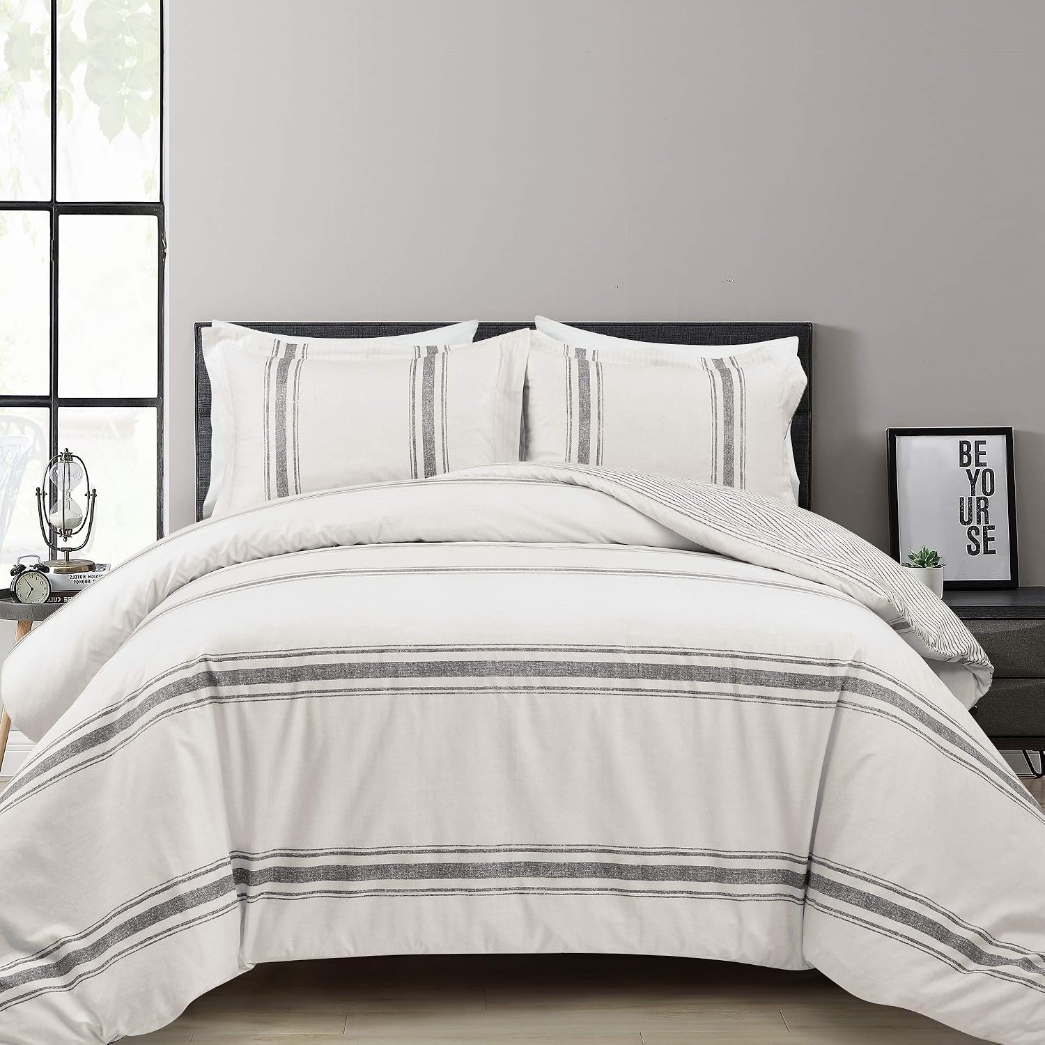 Lush Decor Farmhouse Stripe Reversible Cotton Duvet Cover King Size 3 Piece Set Gray - Farmhouse Bedding Set King - Striped Duvet Cover