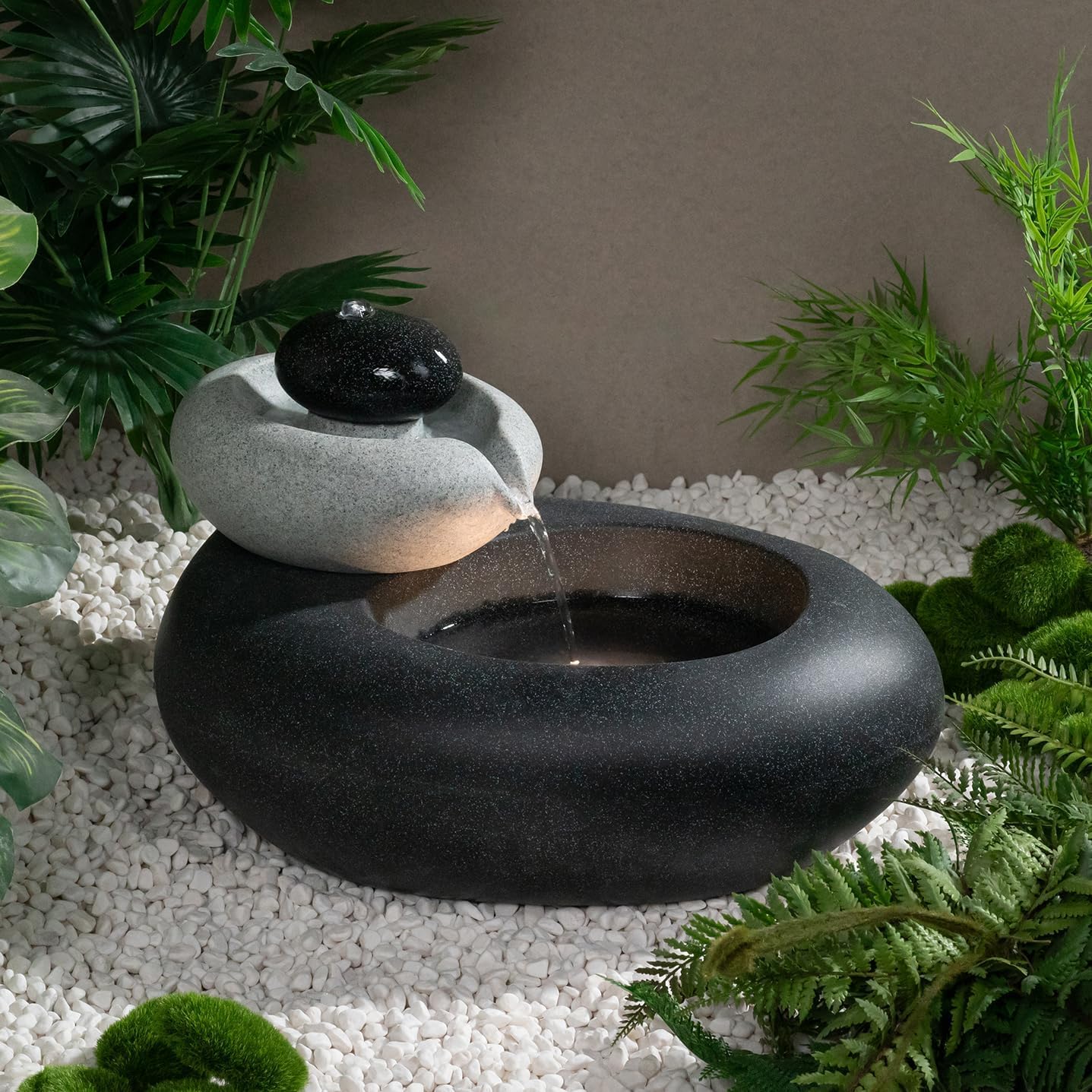 13.39' H Outdoor Water Fountain Made with Eco-Friendly Recyclable Materials, Polyethylene Rock Waterfall Outdoor Fountain, Garden Decor with LED Light & Pump for Patio, Backyard (13.39')