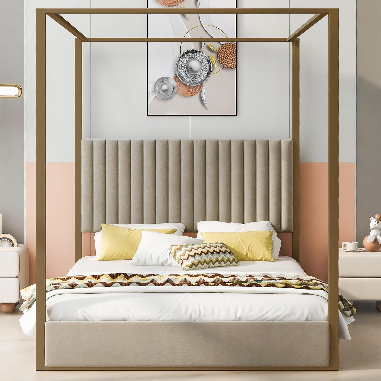 Queen Size Canopy Bed with Upholstered Headboard, 4-Poster Bed Frame with Metal Frame for Bedroom (Beige, Queen)