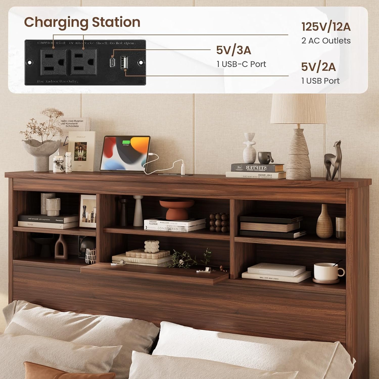 4 Piece Bedroom Sets of 4, Queen Size Platform Bed with USB Storage Headboard, 1 Cabinet of 5 Drawers and 2 Nightstands of 2 Drawers, Space Saving for Kids Boys Adults, Walnut