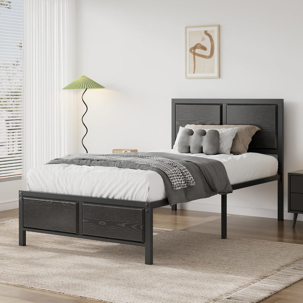 VECELO Twin Bed Frames, Metal Platform Beds with Large Rustic Wooden Headboard, Metal Slats Support, Noise-Free/Easy Assembly, Black