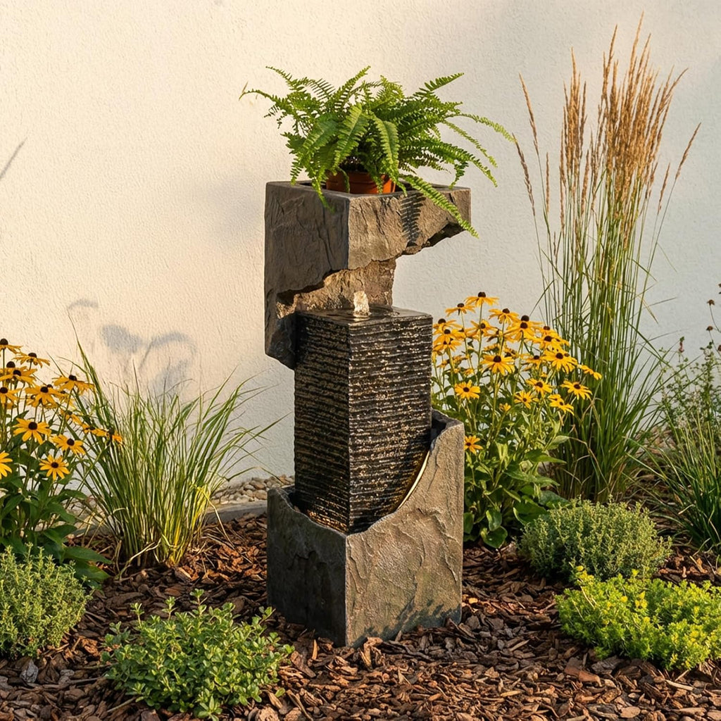 Modern Rectangular Water Fountain Outdoor with LED Lights & Planter Top, 35.4' Tall Resin Cascading Waterfall Feature for Patio Backyard Garden Décor, Outdoor Water Feature