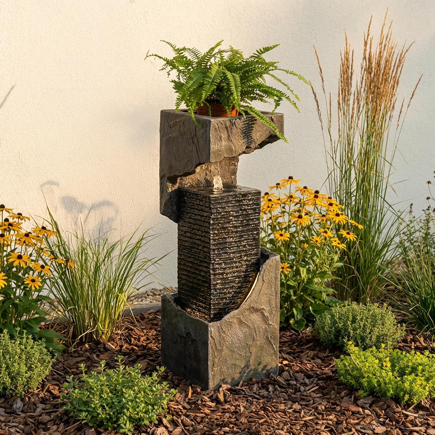 Modern Rectangular Water Fountain Outdoor with LED Lights & Planter Top, 35.4' Tall Resin Cascading Waterfall Feature for Patio Backyard Garden Décor, Outdoor Water Feature
