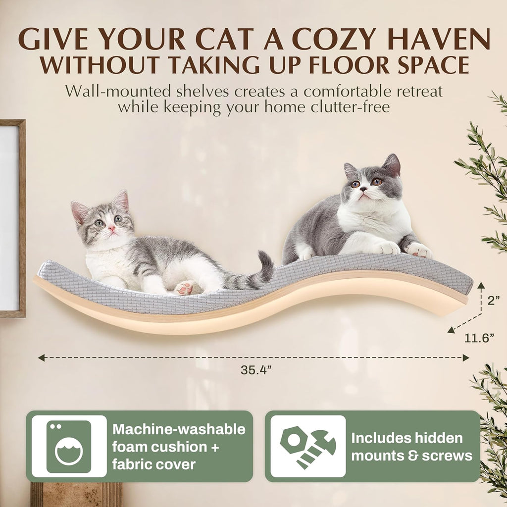 Extra Large 35.4' × 11.6' Stylish Cat Wall Shelves with Soft Cushion, Modern Wall-Mounted Cat Tree Furniture & Perch, Sturdy/Hidden Mounts, Machine Wash Cover, Sleek Design- CALLICO HAVEN Wave S-Shape