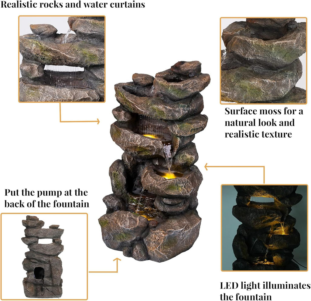 Ferrisland 31.5' Outdoor Rock Waterfall Fountain – 5-Tier Rustic Cascading Water Feature with LED Lights | Relaxing Flow & Ambient Glow for Garden, Patio, Yard | Stylish Home Decor Idea