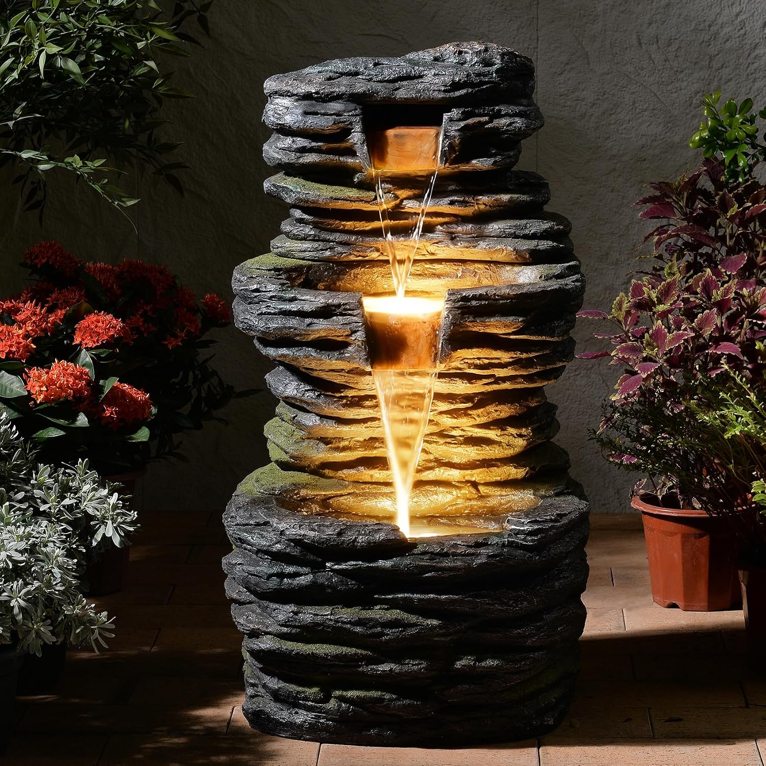 28.8' Tall Rock Water Fountain Outdoor Garden, 3-Tiers Cascading Rock Natural Waterfall Fountains with LED Lights, Indoor Resin Water Feature Fountain for Patio, Backyard, Deck, Porch