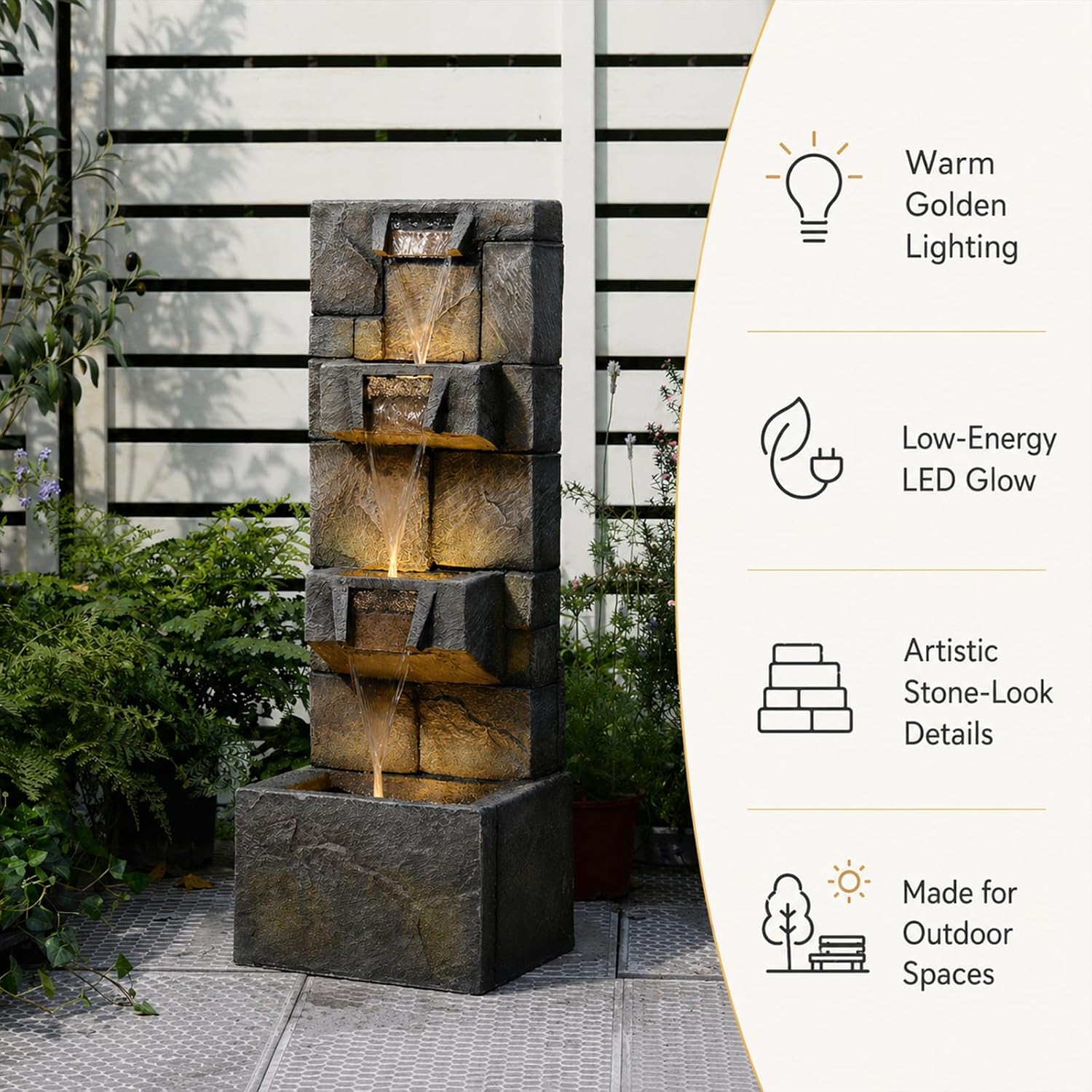 Bumilgar 32.28' H 4-Tier Indoor/Outdoor Modern Water Fountain with Led Lights and Pump, Outdoor Freestanding Cascading Waterfall - Suitable for Garden, Patio, Porch, Yard and Outdoor Decor