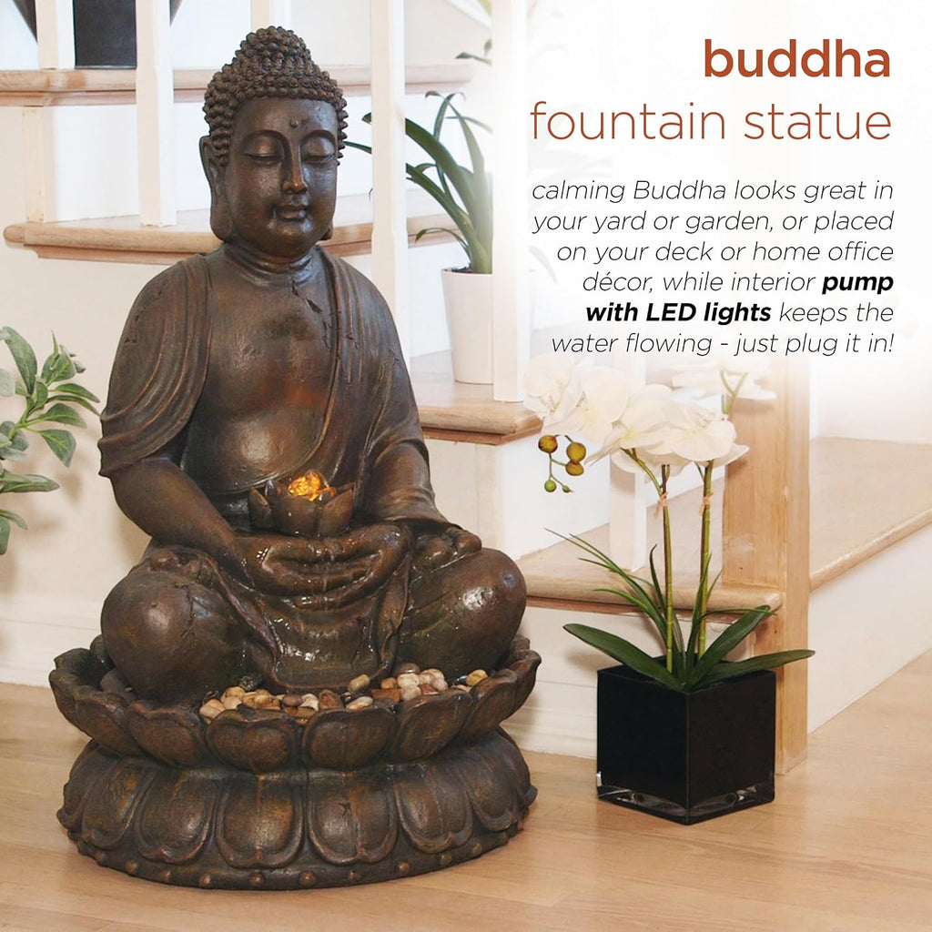 Alpine Corporation GEM122 Outdoor Floor Meditating Soothing Buddha Statue Waterfall Fountain for Garden, 33', Bronze