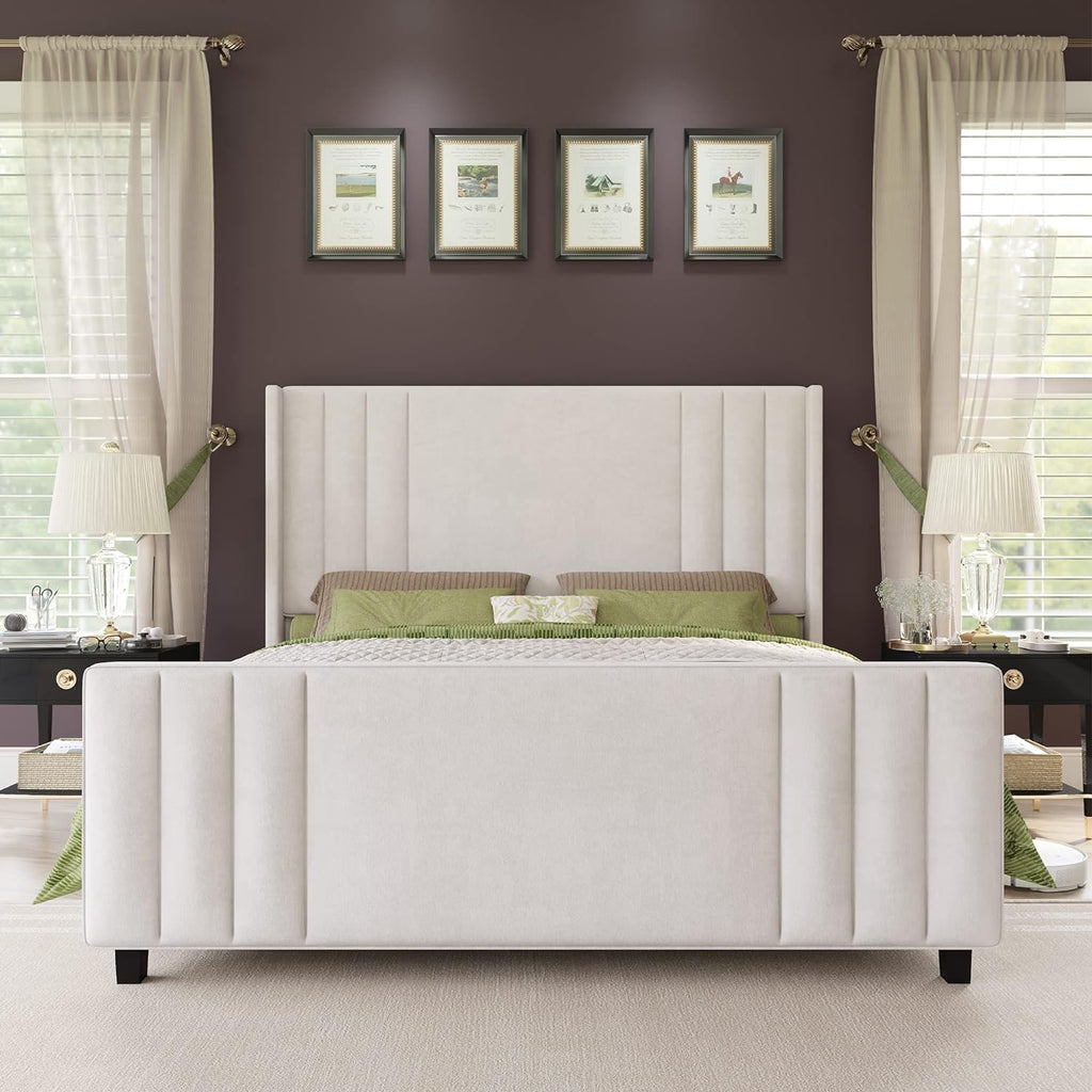 AMERLIFE Queen Size Bed Frame, Velvet Upholstered Platform Bed with Vertical Channel Tufted Headboard & Footboard/Wingback, Mattress Foundation with Wood Slats, No Box Spring Needed, Cream