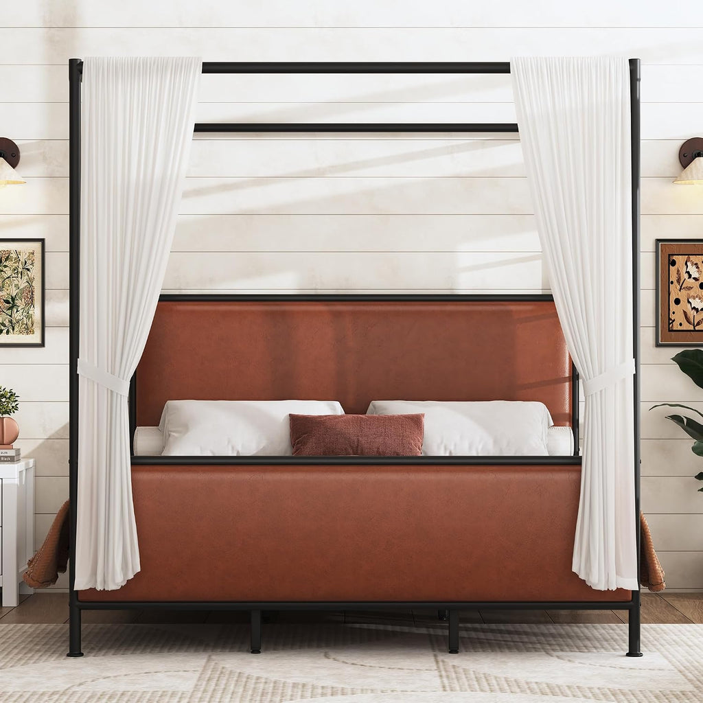 King Size Canopy Bed Frame with Tall Upholstered Headboard and Iron Legs, No Box Spring Needed (Brown+Black, King)