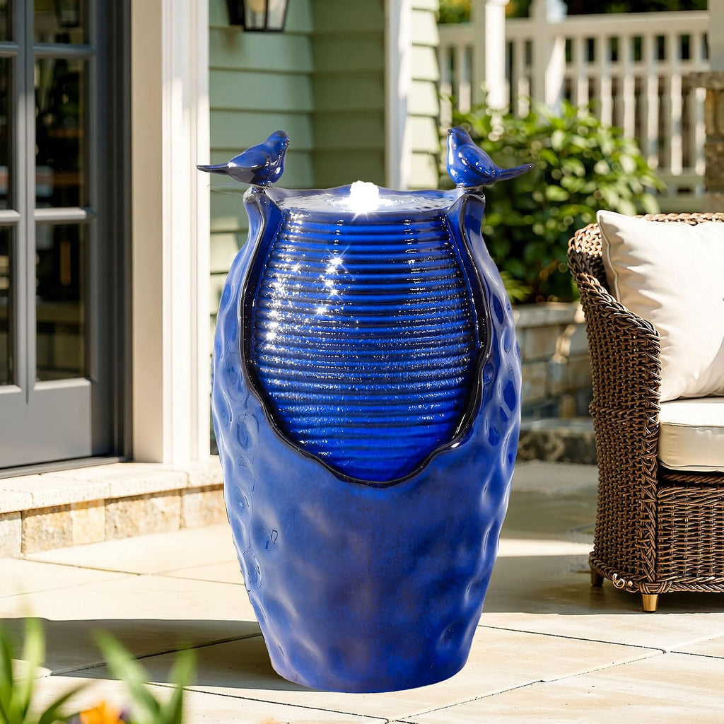 23.5' H Ceramic Jar Outdoor Fountain, Honeycomb Pot Water Feature with LED Lights, Soothing Trickling Waterfall for Garden, Patio, Yard Oasis, KD Vivid Bird Accents, Cobalt Blue Glaze,