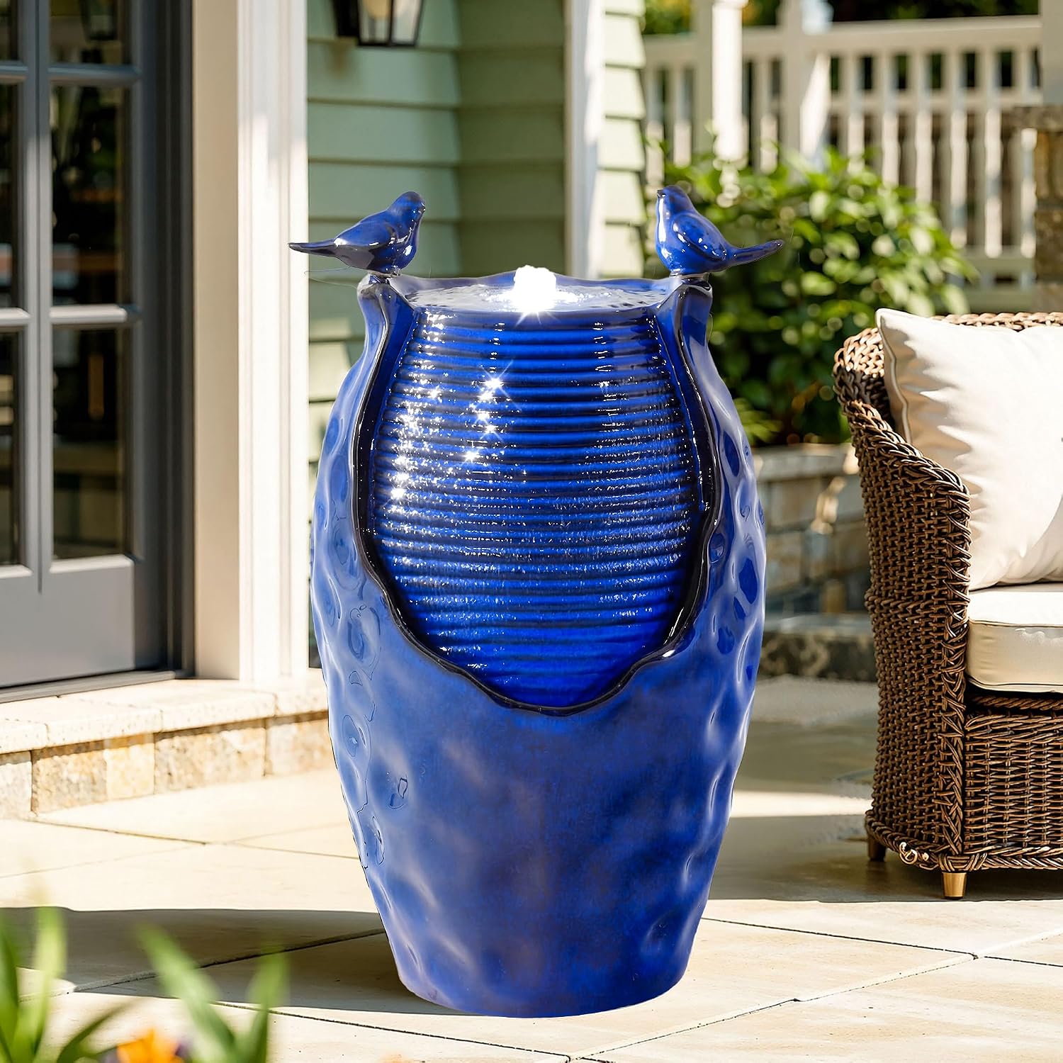 23.5' H Ceramic Jar Outdoor Fountain, Honeycomb Pot Water Feature with LED Lights, Soothing Trickling Waterfall for Garden, Patio, Yard Oasis, KD Vivid Bird Accents, Cobalt Blue Glaze,