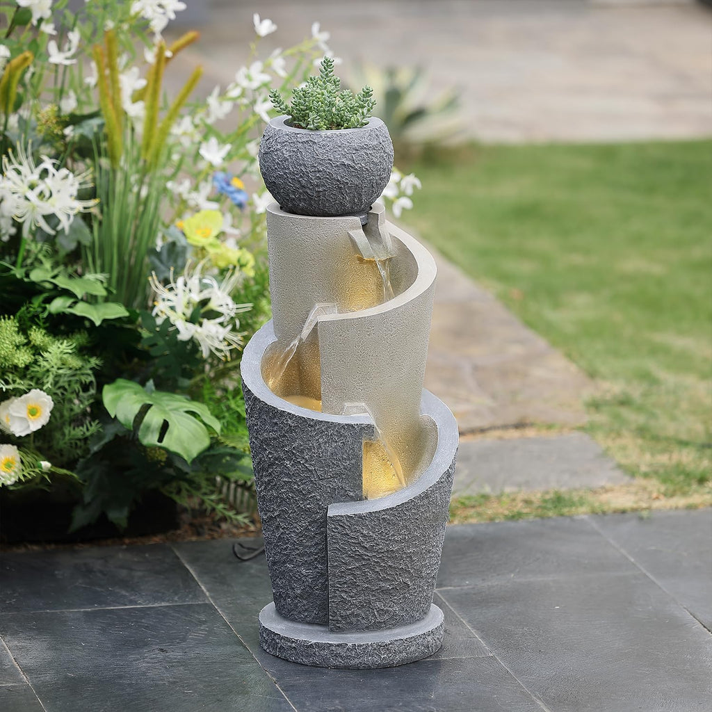 LuxenHome Outdoor Water Fountain, 27 Inch Resin Cascading Water Fountains Indoor with LED Lights, Modern Garden Decor, Small Waterfall Fountain, Outdoor Fountains and Waterfalls