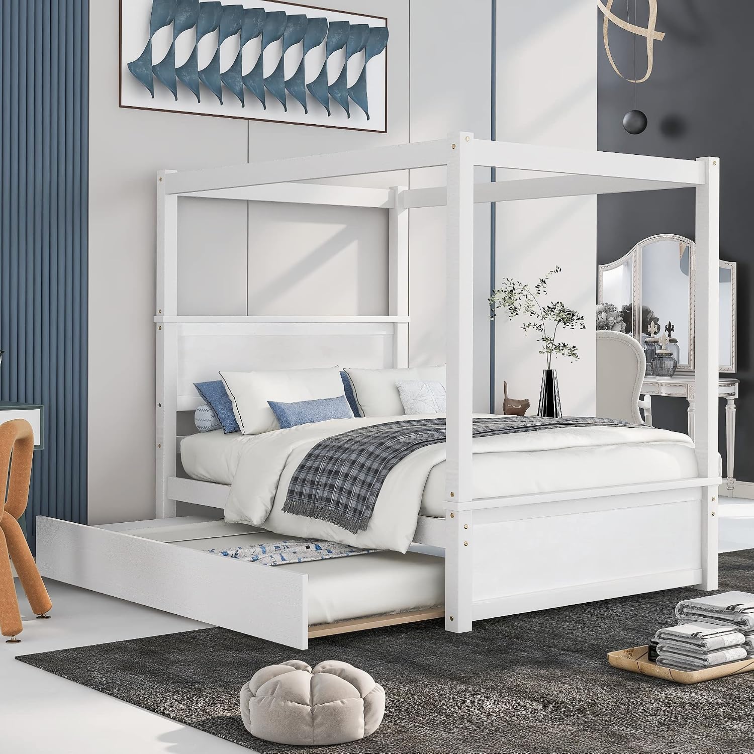 Harper & Bright Designs Wood Canopy Bed with Trundle Bed,Full Size Canopy Platform Bed with Support Slats .No Box Spring Needed, Brushed White