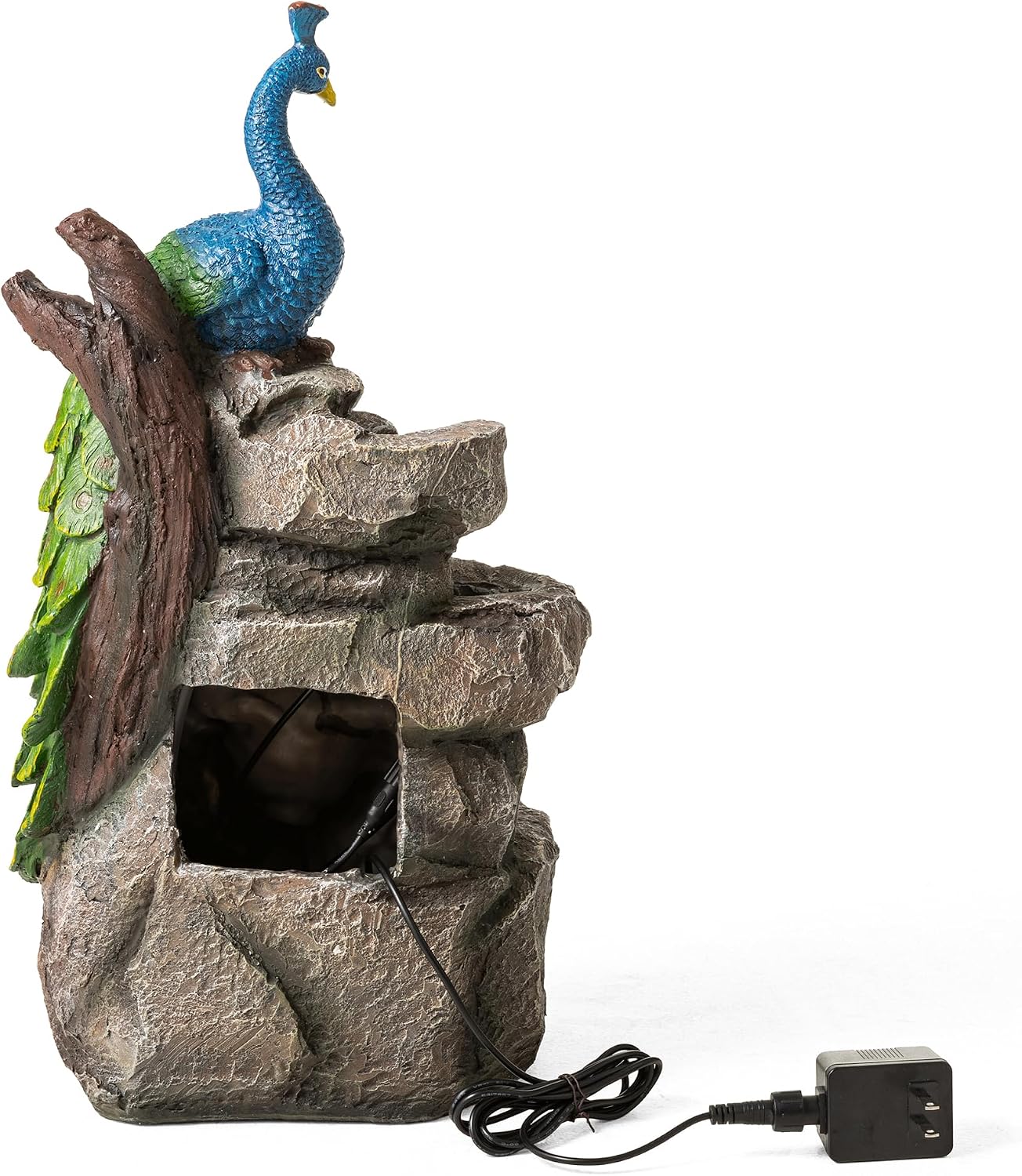 Glitzhome Outdoor Water Fountain with Lights, 4-Tierd Peacock W/Stacked Stone Outdoor Fountain, 20.5' H Polyresin Decorative Waterfall Feature Garden Fountain with Pump for Garden, Patio, Porch