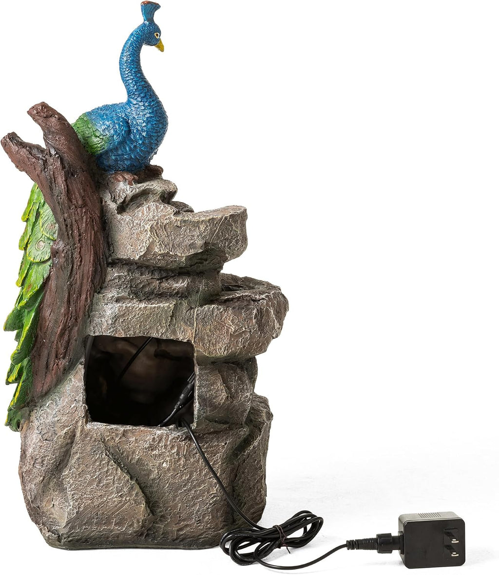 Glitzhome Outdoor Water Fountain,20.5' H Polyresin Outdoor Fountain with Lights, 4-Tierd Peacock W/Stacked Stone Decorative Waterfall Feature Garden Fountain with Pump for Garden, Patio, Porch Decor