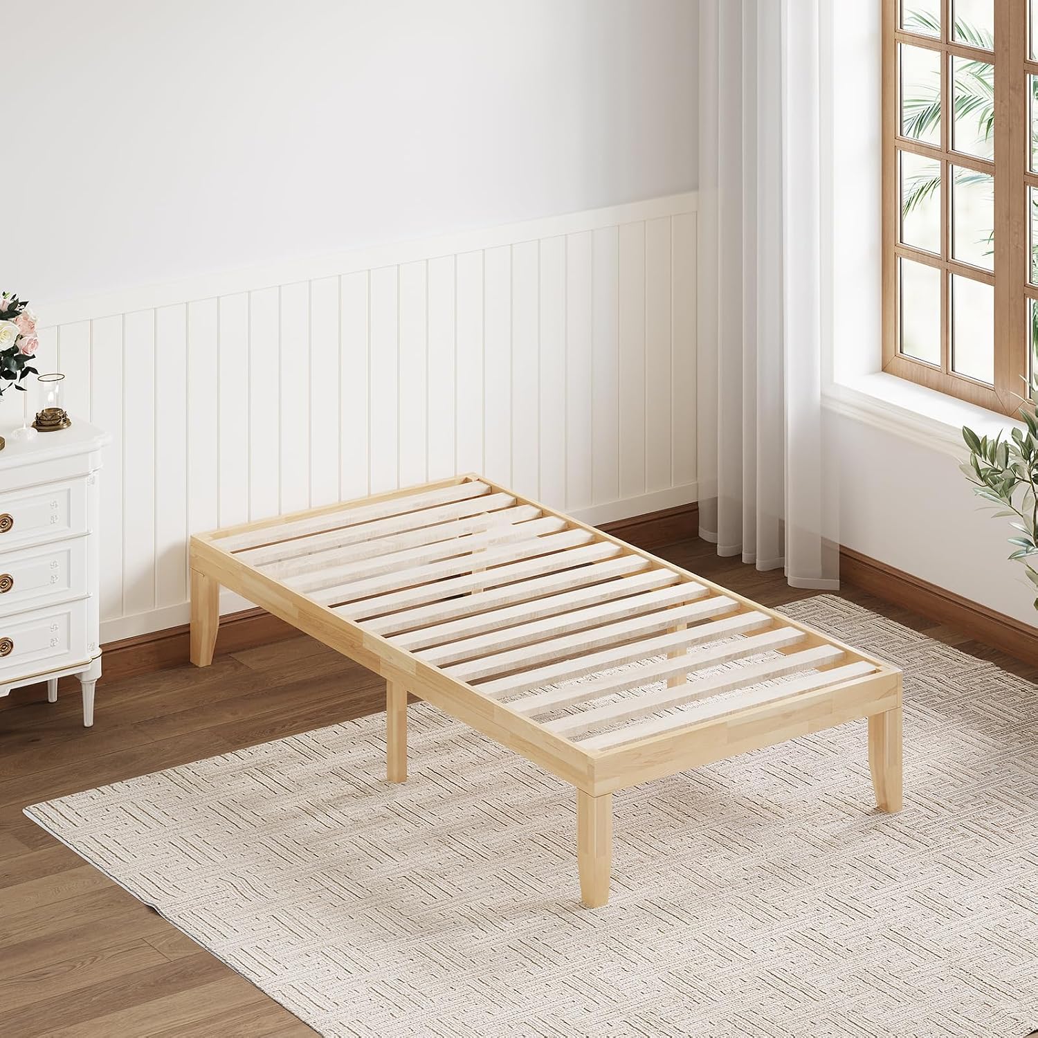 Giantex 14 Inch Twin Wood Platform Bed Frame, Minimalist Style Mattress Foundation with Solid Rubber Wood, Heavy Duty Slat Support, Without Headboard, Easy Assembly, No Box Spring Needed, Natural