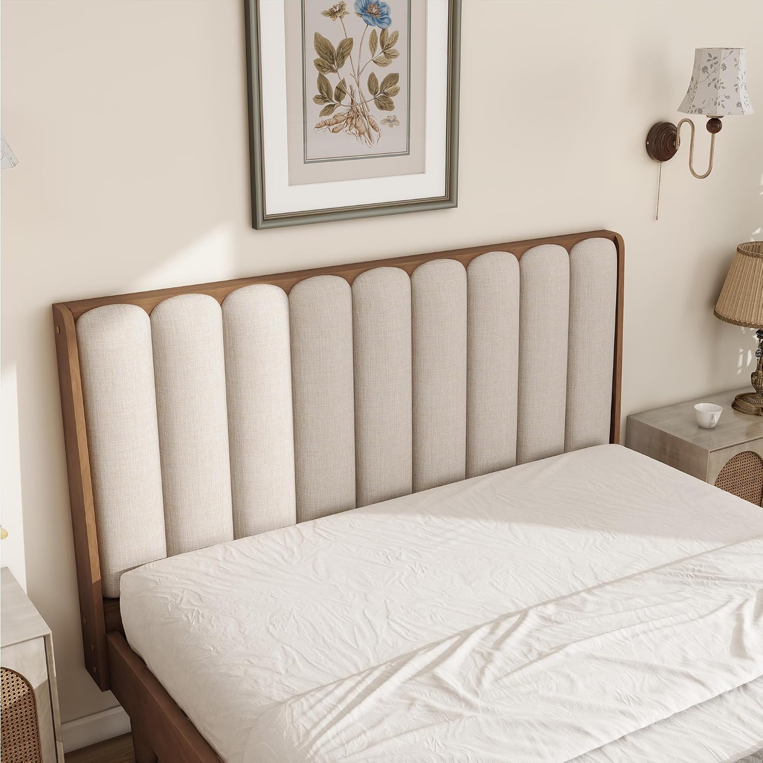 JIVOIT Queen Size Platform Bed with Piano Key Style Upholstered Headboard, Wood Bed with Strengthened Bed Frame, Wood Slats Support, No Box Spring Needed