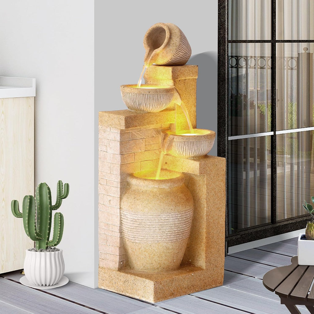 32' Outdoor/Indoor Garden Water Fountains, 4 Tiers Cascading Resin Fountains and Waterfalls with LEDs & Bowls, Modern Floor-Standing Patio Fountain for Porch, Deck, Yard (Bright Yellow)