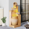 32' Outdoor/Indoor Garden Water Fountains, 4 Tiers Cascading Resin Fountains and Waterfalls with LEDs & Bowls, Modern Floor-Standing Patio Fountain for Porch, Deck, Yard (Bright Yellow)