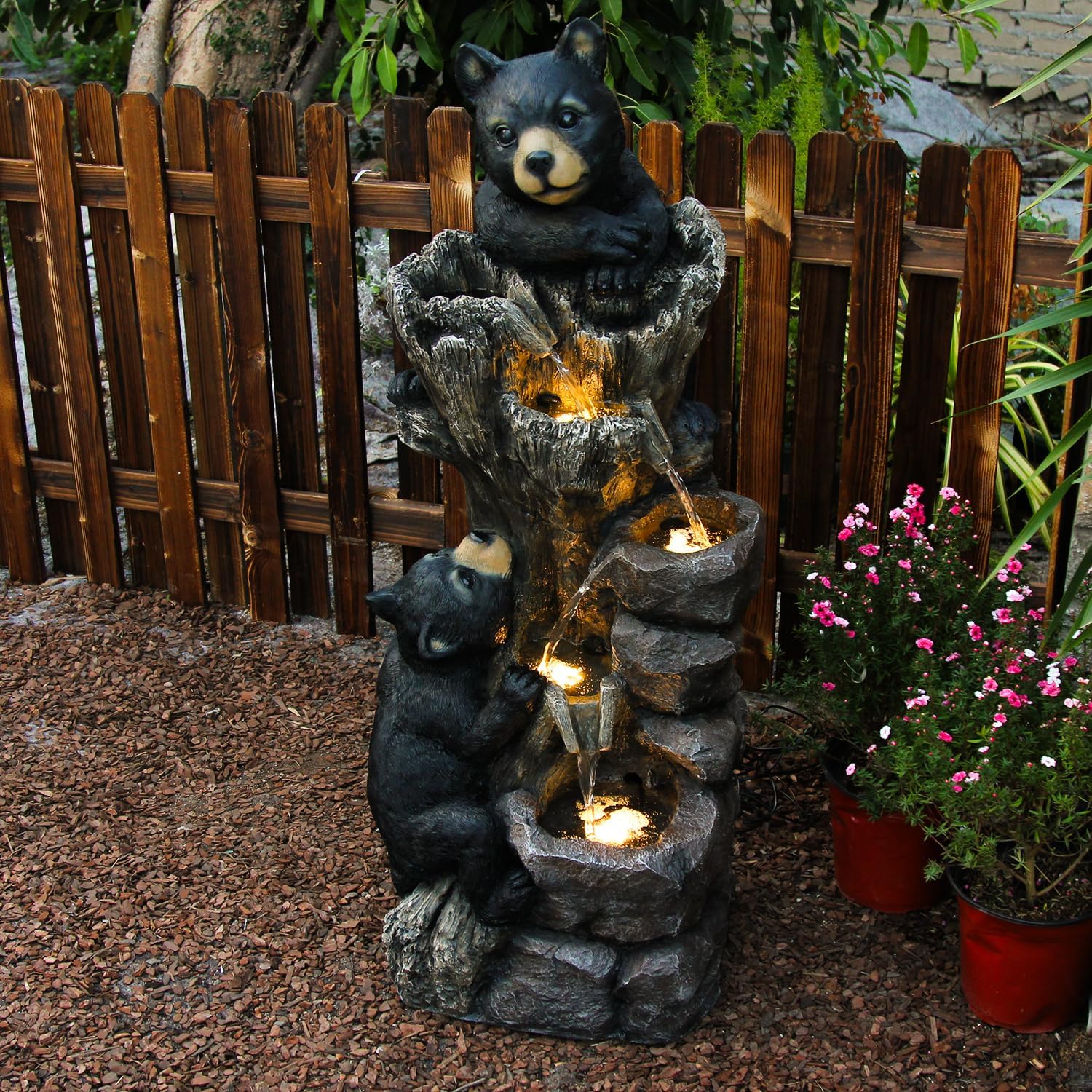 YZM 40.16' H 5 Tier Outdoor Fountain Black Bears Climbing Tree Garden Water Fountain Outdoor Water Feature Resin for Farmhouse Patio Yard Deck Home Lawn Porch House Relaxation Exterior Balcony
