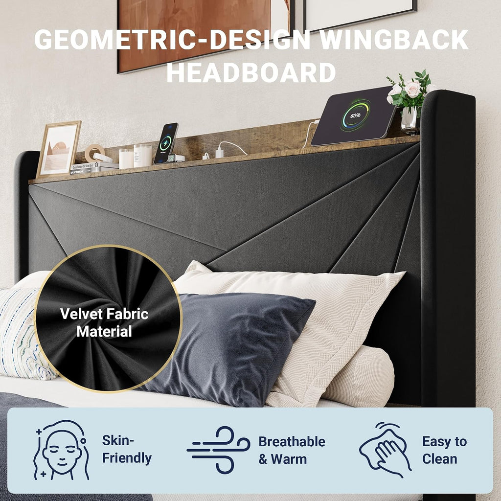 Allewie Queen Size Velvet Bed Frame with 3 Storage Drawers, Upholstered Platform Bed with Wingback Storage Headboard and USB Ports, No Box Spring Needed, Easy Assembly, Black