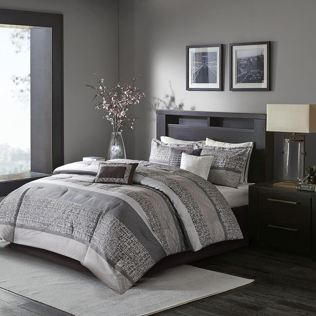 Madison Park Luxury Comforter Set-Traditional Jacquard Design All Season Down Alternative Bedding, Matching Bedskirt, Decorative Pillows, King(104'x92'), Rhapsody, Striped Grey/Taupe 7 Piece