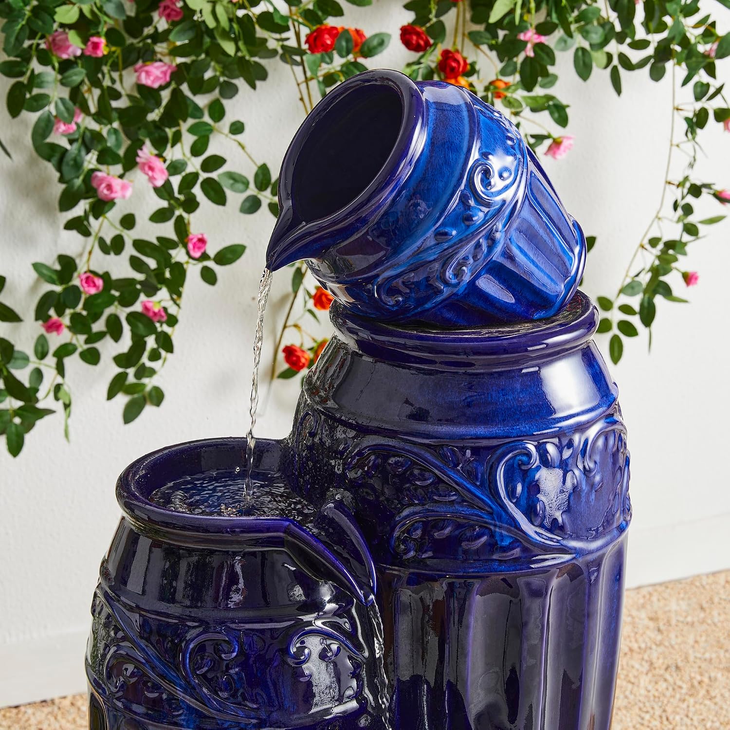 Glitzhome 35.5' H Oversized Outdoor Water Fountain with LED Lights and Pump, 4 Tier Cobalt Blue Embossed Pattern Ceramic Pots Cascading Floor Standing Fountain for Porch Deck Garden Patio Backyard