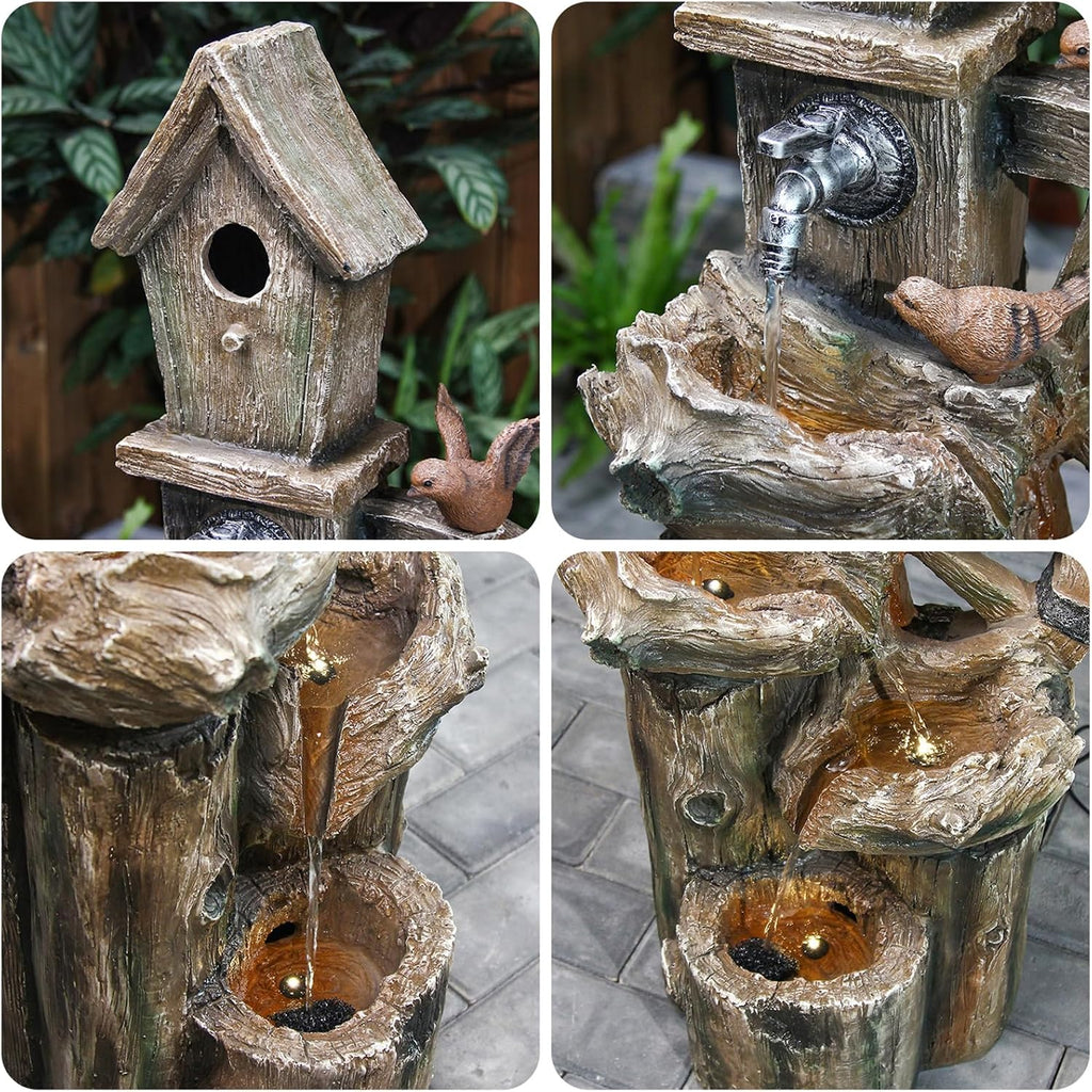 YZM 38.38' H Water Fountain Outdoor Garden 3-Tier Birdhouse Waterfall Fountain with Faucet Tree Trunk Indoor Floor Cascading Water Feature with LED Lights for Patio Yard Home Backyard Decor