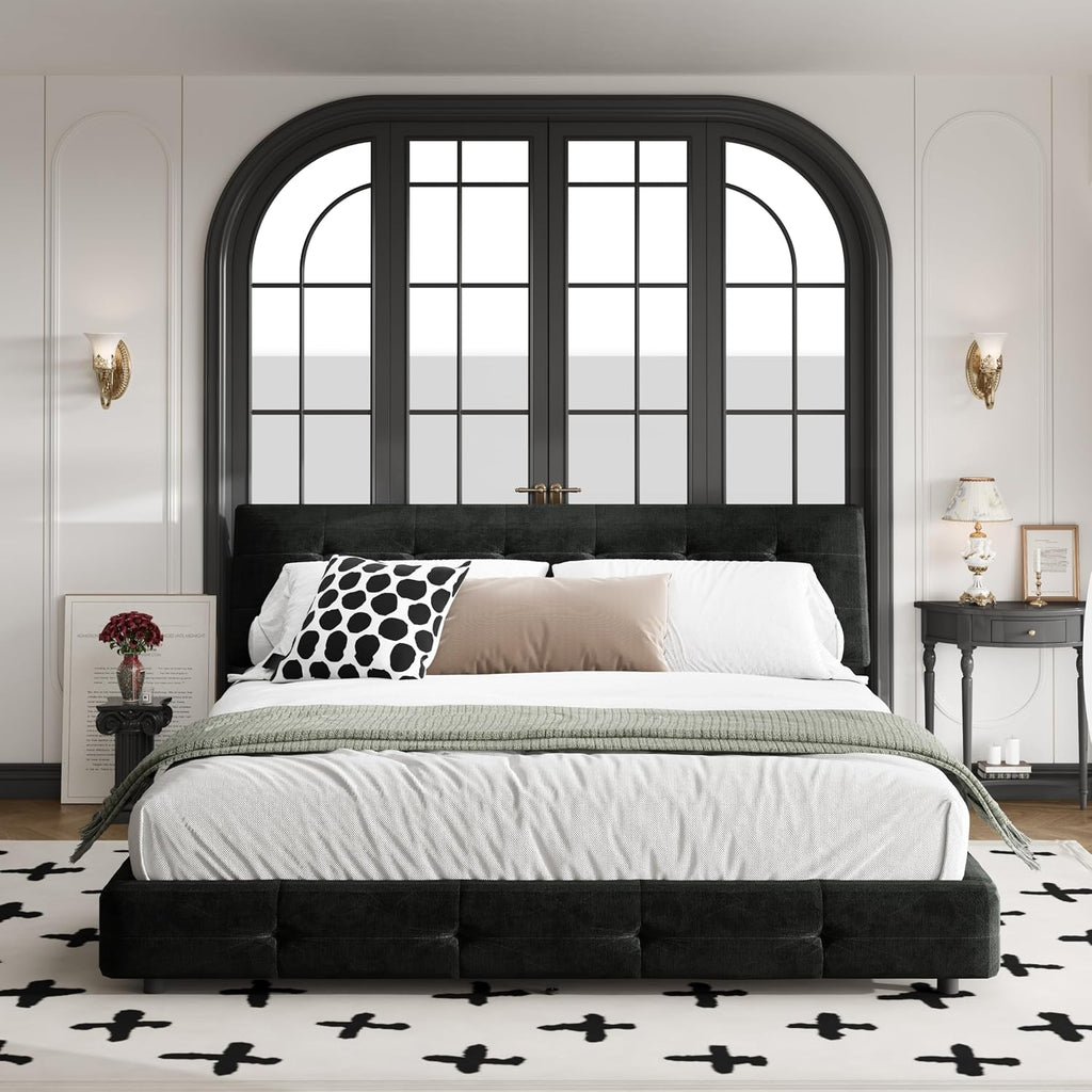 King Size Platform Bed Frame, Tufted Headboard with Extra-Large Ultra-Soft Cloud Pillow Design, Chenille Platform Bed with Metal and Wooden Slats Double Support, No Box Spring Needed (Black-King,7)