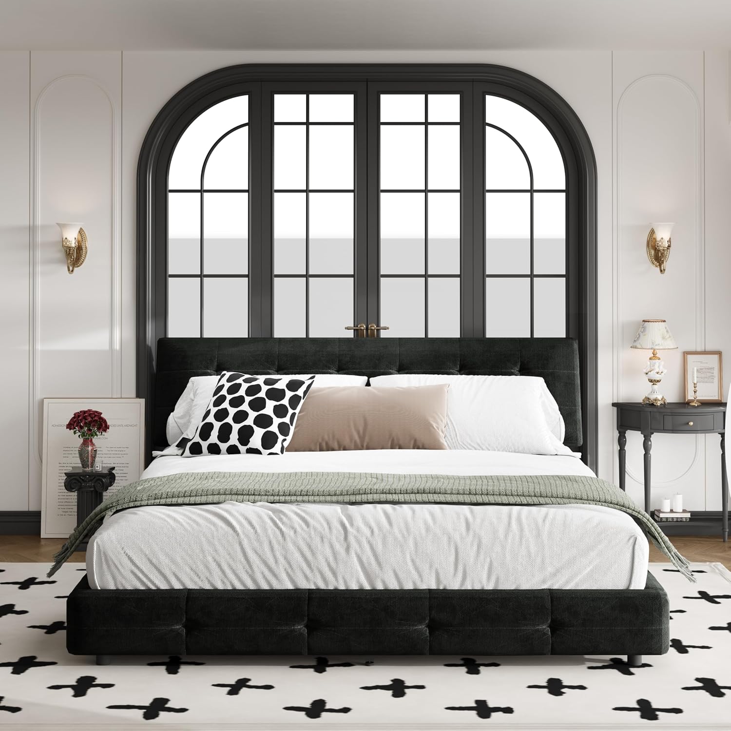 King Size Platform Bed Frame, Tufted Headboard with Extra-Large Ultra-Soft Cloud Pillow Design, Chenille Platform Bed with Metal and Wooden Slats Double Support, No Box Spring Needed (Black-King,7)