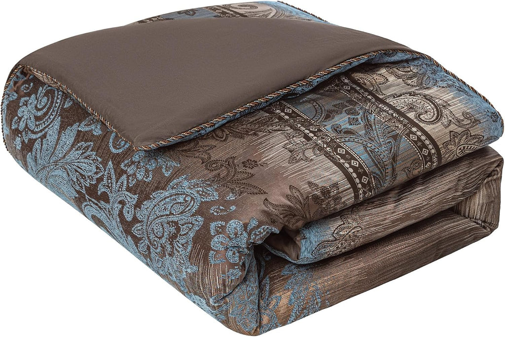 Loom and Mill 9-Piece Queen Comforter Set, Vintage Paisley Jacquard Comforter Sets Queen Size, All Season Soft Bedding Sets with Euro Shams, Bedskirt, Filled Decorative Pillow(Dark Brown+Blue, Queen)