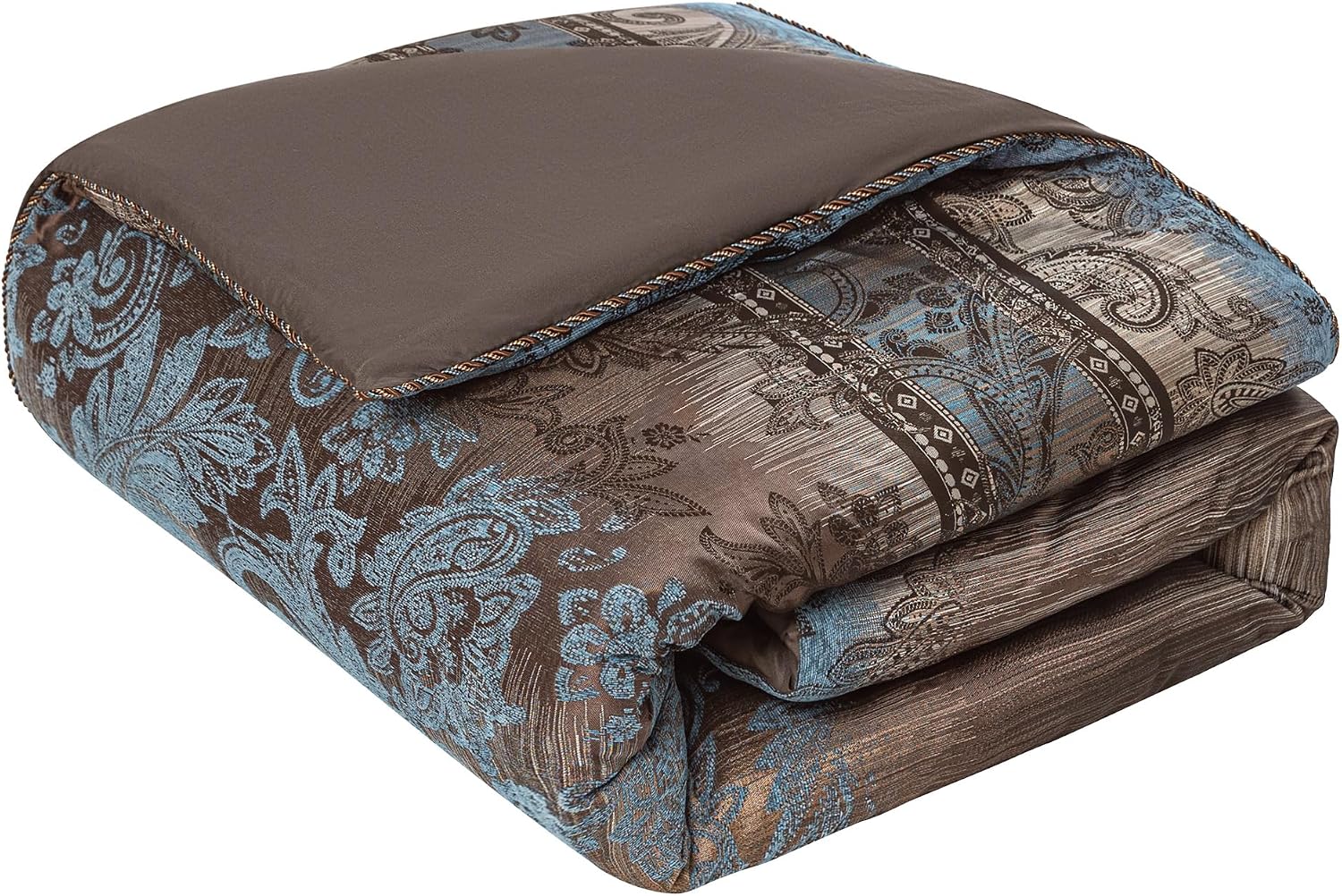 Loom and Mill 9-Piece Queen Comforter Set, Vintage Paisley Jacquard Comforter Sets Queen Size, All Season Soft Bedding Sets with Euro Shams, Bedskirt, Filled Decorative Pillow(Dark Brown+Blue, Queen)