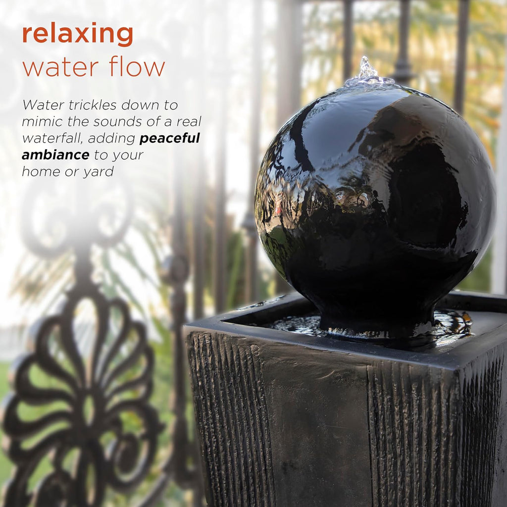Alpine Corporation GIL786 Outdoor Floor Modern Sphere and Pedestal Soothing Waterfall Fountain for Garden 33', Black