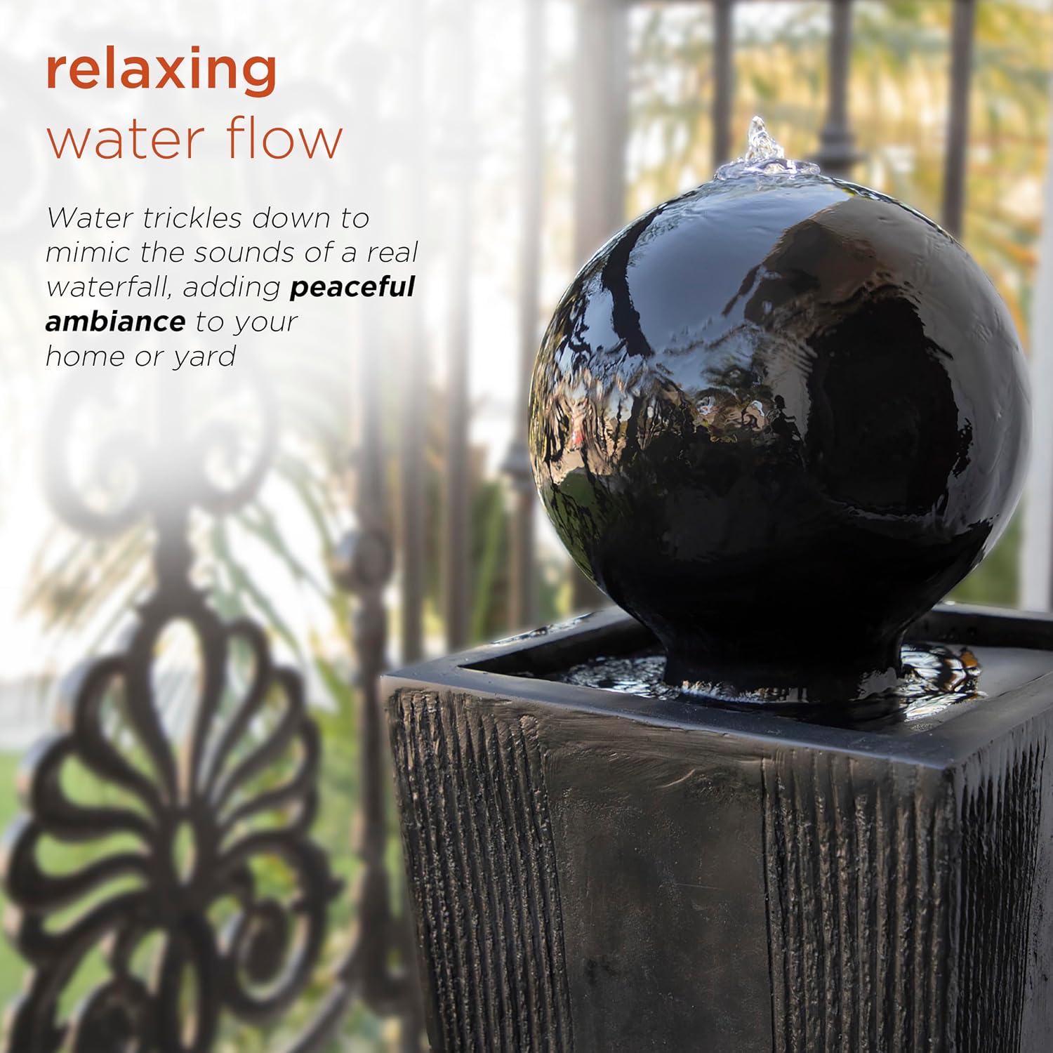 Alpine Corporation GIL786 Outdoor Floor Modern Sphere and Pedestal Soothing Waterfall Fountain for Garden 33', Black