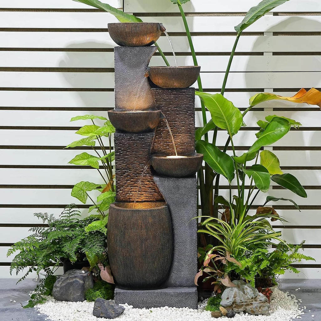 Bumilgar 51.4' H Outdoor Garden Water Fountain for Garden, Patio, Backyard, Deck, Porch and Home Art Decor, 5 Tiers Modern Cascading Large Outdoor Fountain with Lights