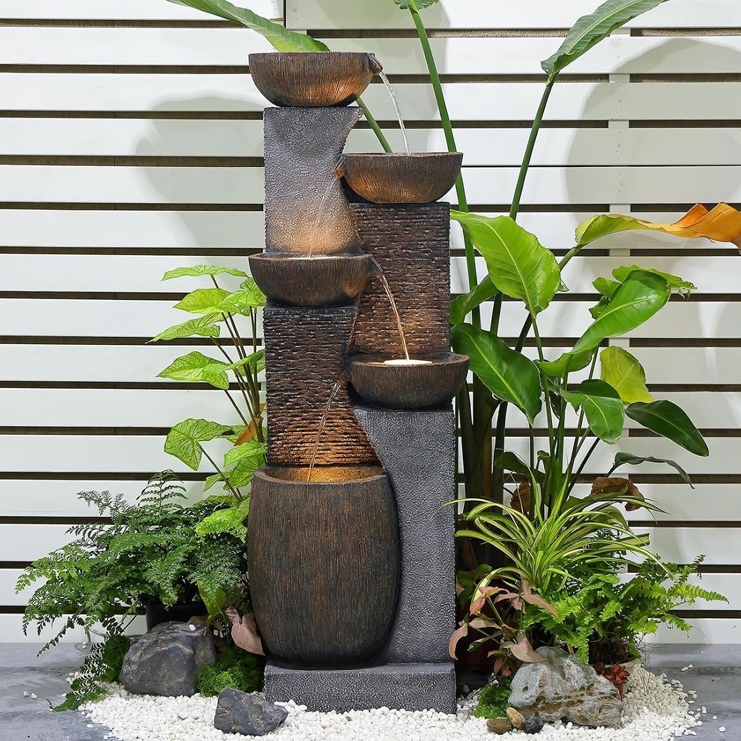 Bumilgar 51.4' H Outdoor Garden Water Fountain for Garden, Patio, Backyard, Deck, Porch and Home Art Decor, 5 Tiers Modern Cascading Large Outdoor Fountain with Lights