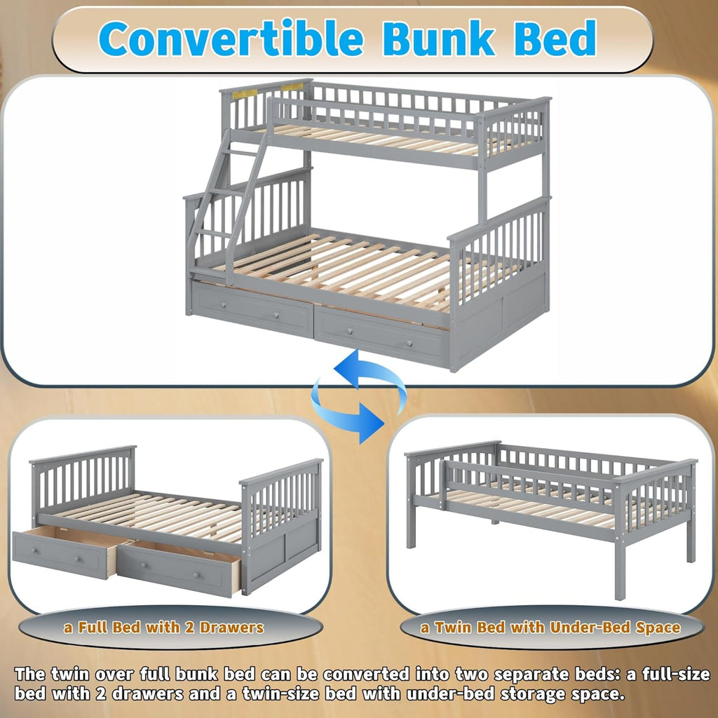 Harper & Bright Designs Convertible Wood Twin Over Full Bunk Bed with 2 Storage Drawers and Ladder - Can Be Divided Into Two Daybeds, Grey