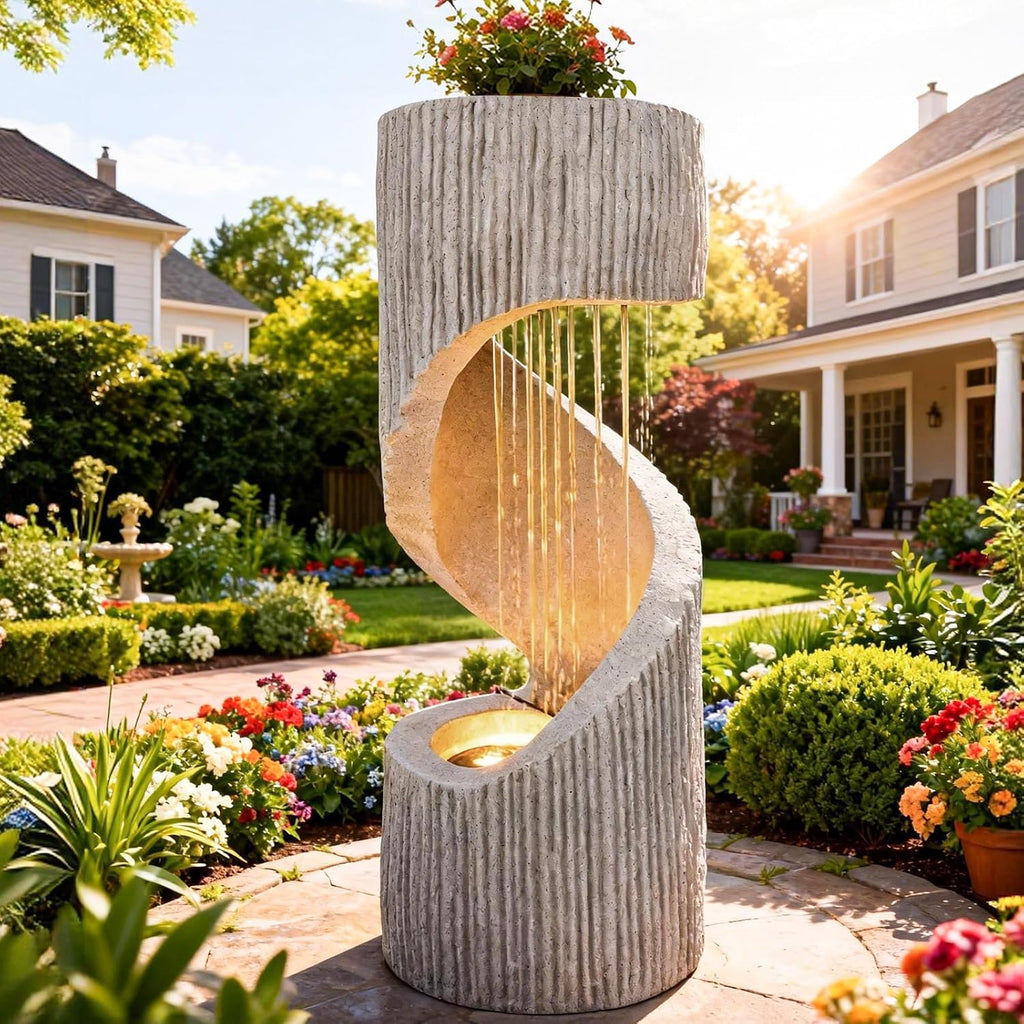 40' Outdoor Water Fountain with LED Light, S-Shaped Modern Curved Outdoor Fountain, Spiral Column Fountain, Decorative Waterfall Feature with Flat Top Plant Display for Garden, Patio Decor