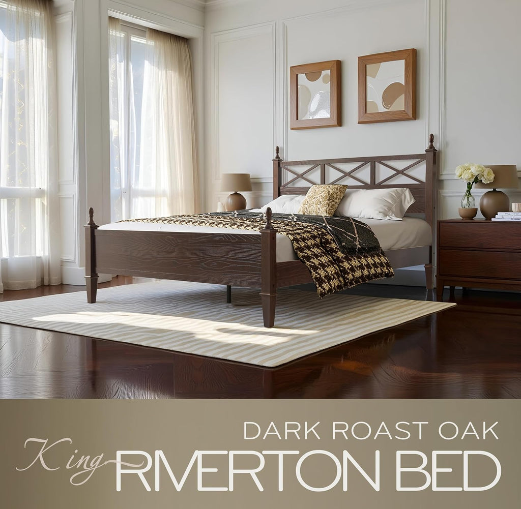 King Size Solid Wood Platform Bed Frame with Headboard & Footboard, 12 Durable Slatted Base with Metal Legs, Easy Assembly, Slip-Free & Anti-Noise, No Box Spring Needed, Dark Roast Oak Finish RIK-32