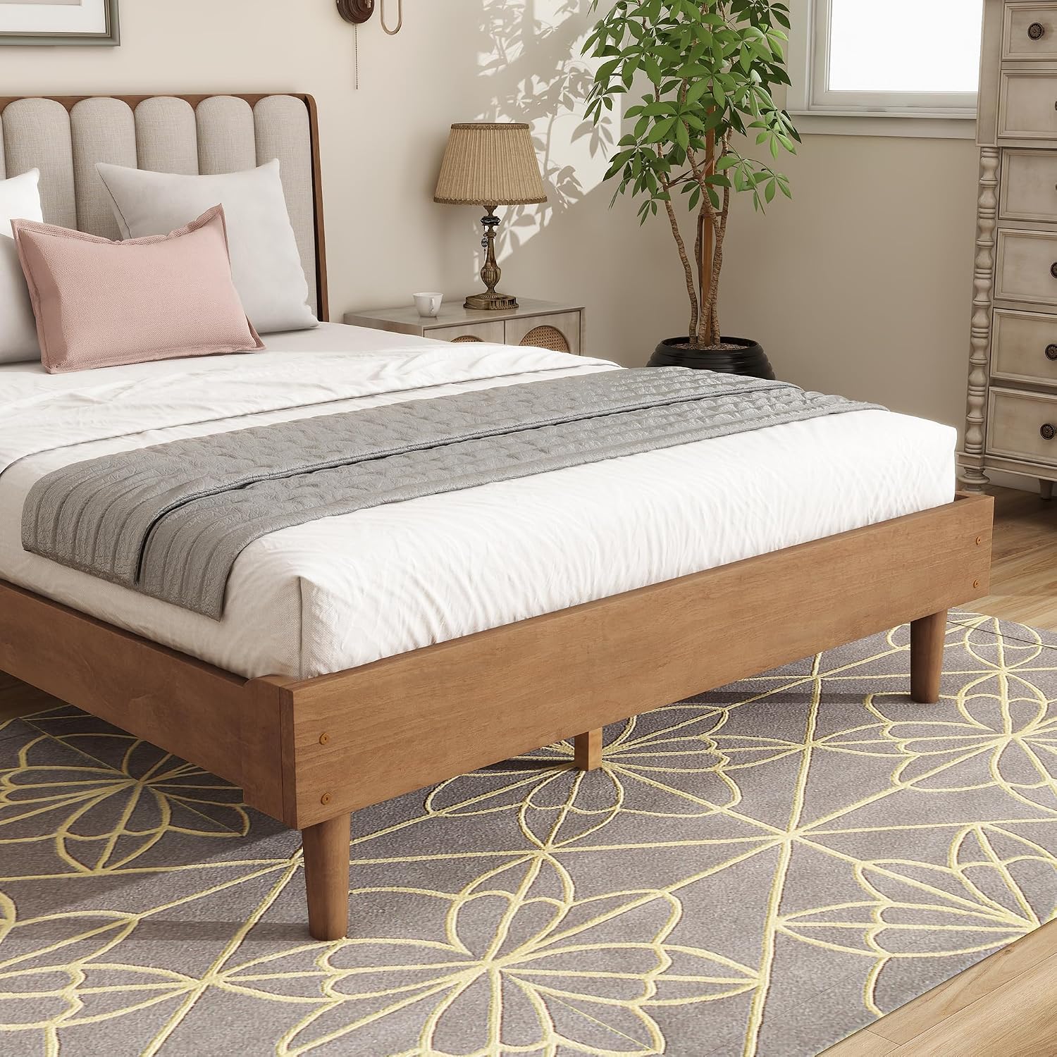 JIVOIT Queen Size Platform Bed with Piano Key Style Upholstered Headboard, Wood Bed with Strengthened Bed Frame, Wood Slats Support, No Box Spring Needed