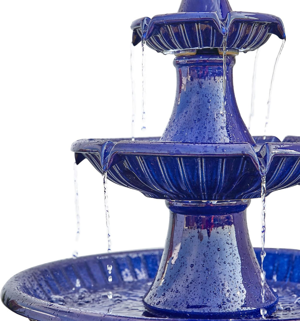 Glitzhome Water Fountain Outdoor Floor-Stand Fountain with LED Light & Pump Oversized 3 Tier Ceramic Cobalt Blue Patio Fountains and Waterfalls Outdoor Yard Fountains for Lawn Garden Backyard