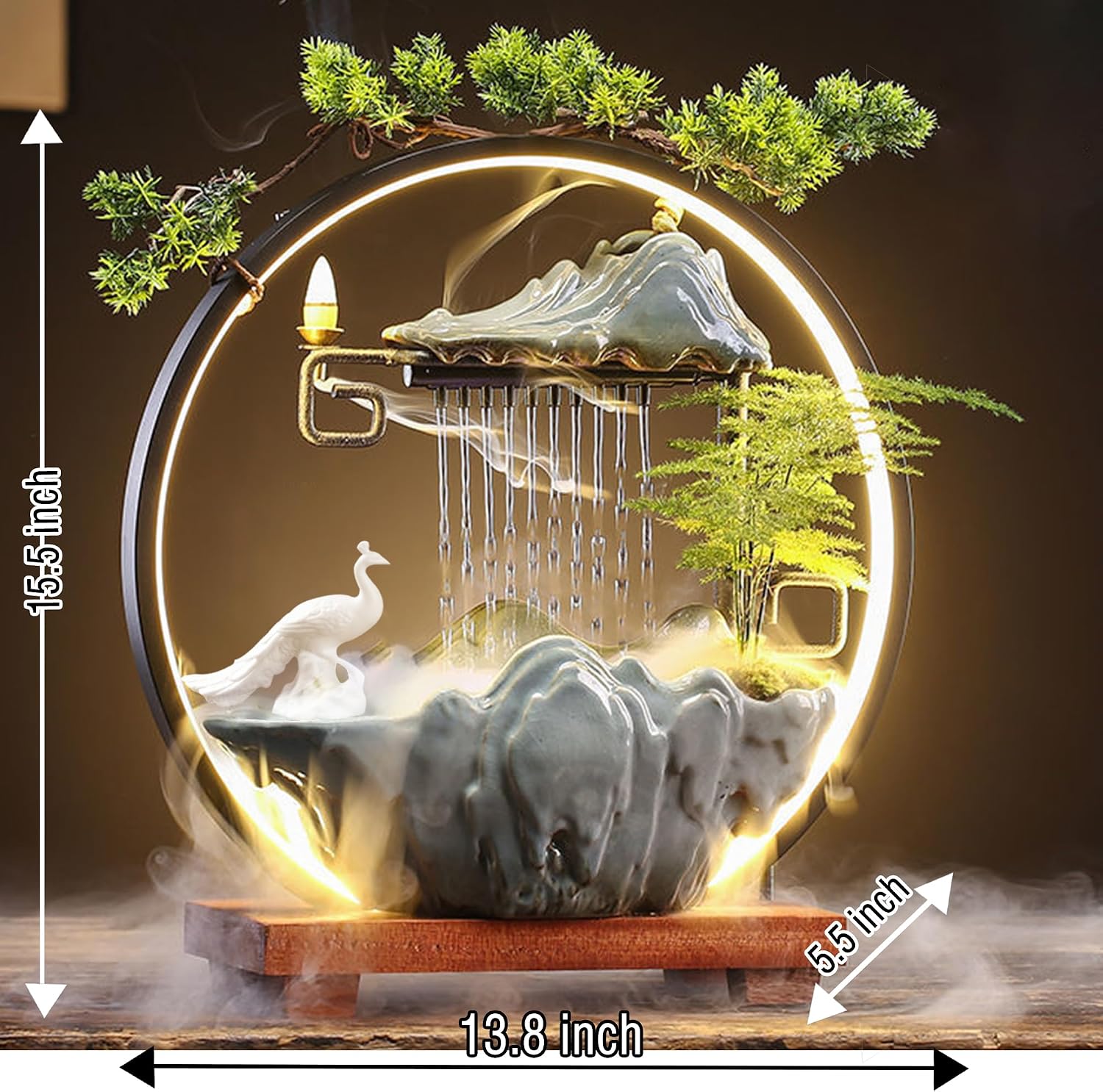 Tabletop Water Fountain Indoor Animals Desktop Waterfall Fountain with Lights Mist Backflow Incense Holder Meditation Relaxing Indoor Zen Decor for Home, Office (Peacock, Horse & Crane)