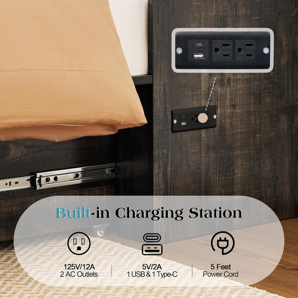 LUXOAK Full Murphy Bed with 6' White Tri-Fold Memory Foam Mattress, Storage Drawer & Charging Station, Space-Saving Design for Home Office or Guest Room, Black Oak