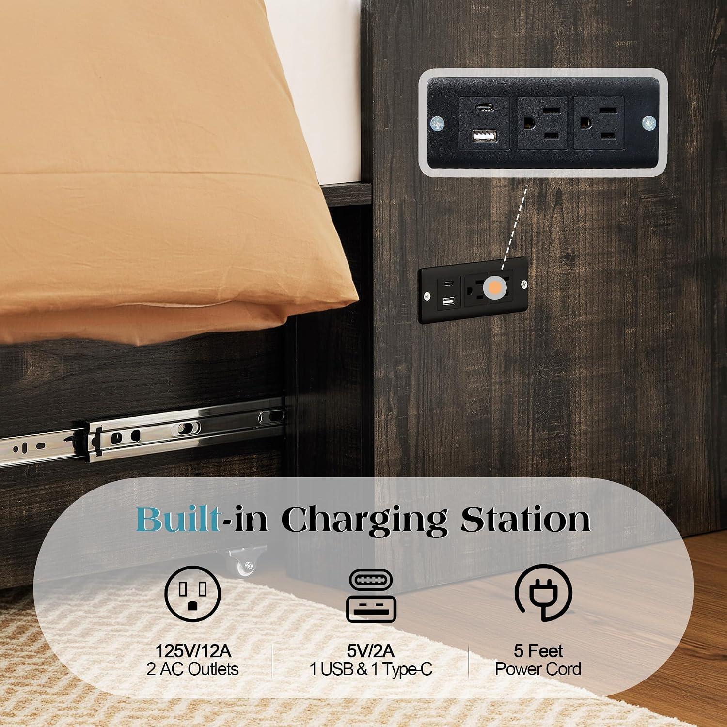 LUXOAK Full Murphy Bed with 6' White Tri-Fold Memory Foam Mattress, Storage Drawer & Charging Station, Space-Saving Design for Home Office or Guest Room, Black Oak