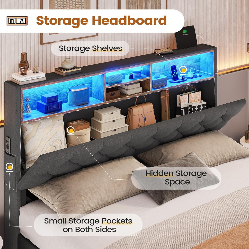 BTHFST Queen Bed Frame with Hidden Storage Headboard & 4 Drawers, LED Bed Frame Queen Size with Charging Station, Upholstered Metal Bed, No Box Spring Needed, Dark Grey